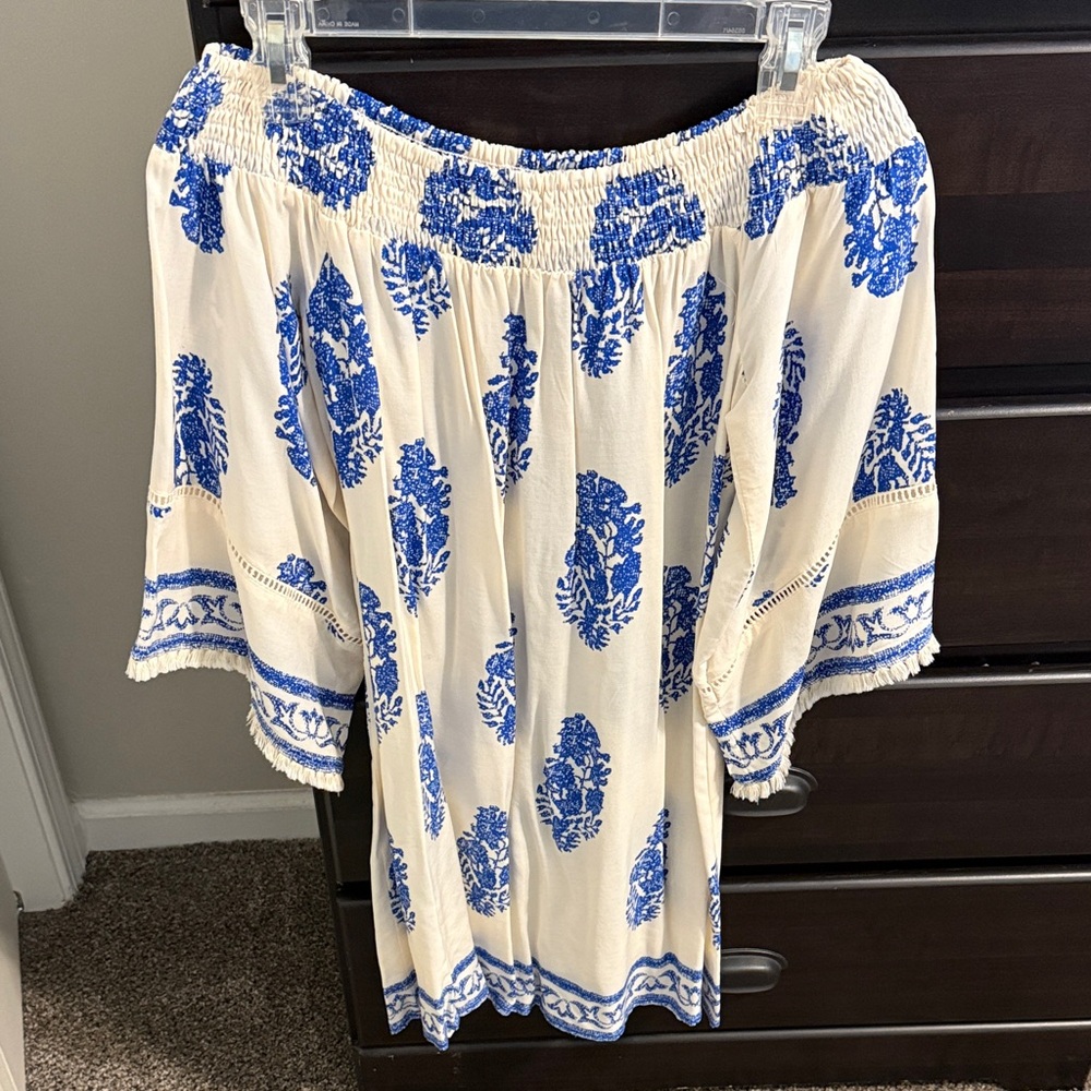 Kori Blue and Cream Floral Off-Shoulder Blouse